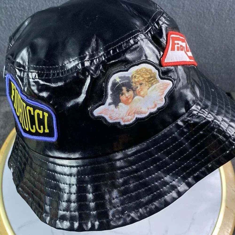 Fiorucci Black Vinyl Bucket Hat Multi Patch Angels Safety Jeans 90s Style Y2K